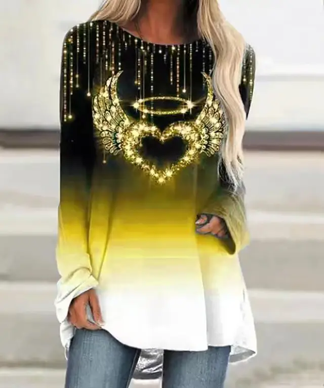 Autumn Women's Loose Round Neck Heart Printing Long Sleeve T shirt Yellow - Shop at LoveMi