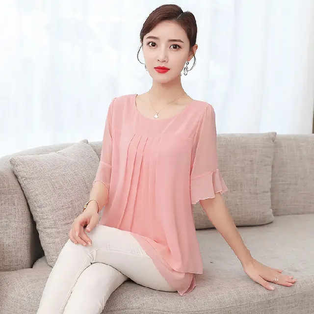 Women's Summer Plus Size Loose Top Chiffon Shirt Pink - Shop at LoveMi