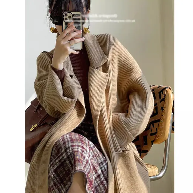 Women's Fashion Long Knitted Jacket Khaki - Shop at LoveMi