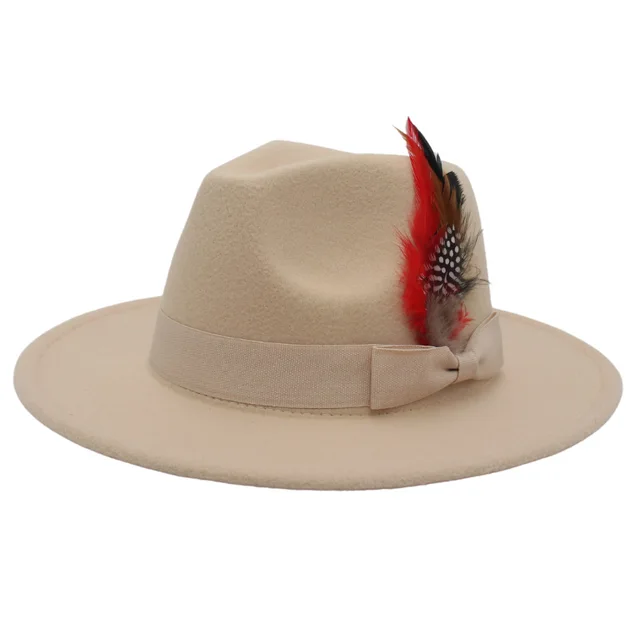 Bow Feather Autumn And Winter Broad brimmed Hat European And American Style Cashmere Felt Cap Beige - Shop at LoveMi