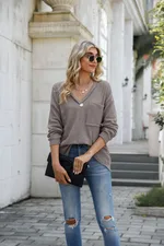 Women's Fashionable Waffle V-neck Long-sleeved Bottoming Shirt - Shrimp