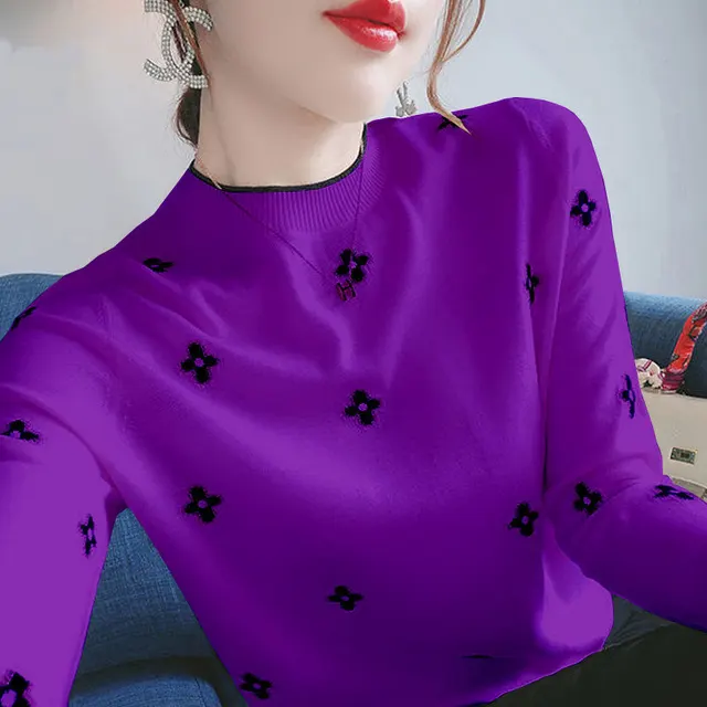 Slim Fit Plus Size Bottoming Shirt Korean Style Long Sleeve Knitted Purple - Shop at LoveMi