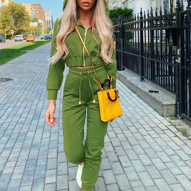 Fashion Long Sleeve Hooded Sports Suit Women Green - Shop at LoveMi