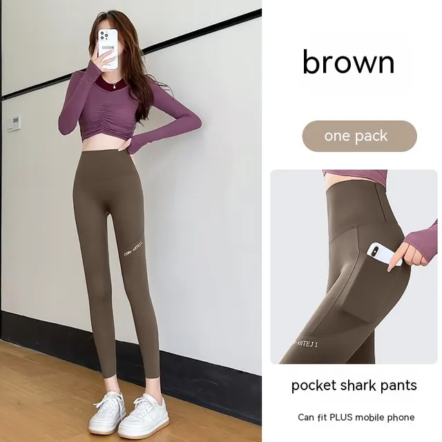 Fall High Waist Hip Lifting And Belly Contracting Yoga Barbie Bodybuilding Pocket Leggings Coffee Color Nine Points - Shop at LoveMi