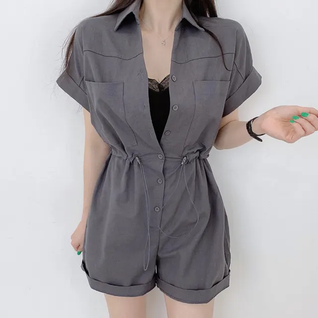 Single breasted Large Pocket Drawstring Waist Trimming Short sleeved Casual Jumpsuit Shorts For Women Dark Gray - Shop at LoveMi