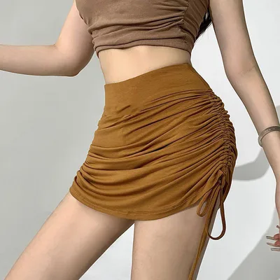 Women's Hip wrapped Drawstring Ruffle Short Skirt Brown - Shop at LoveMi