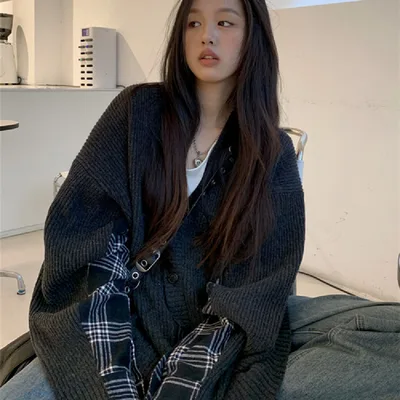 Design Sense Plaid Patchwork Knitted Cardigan For Women Checker - Shop at LoveMi