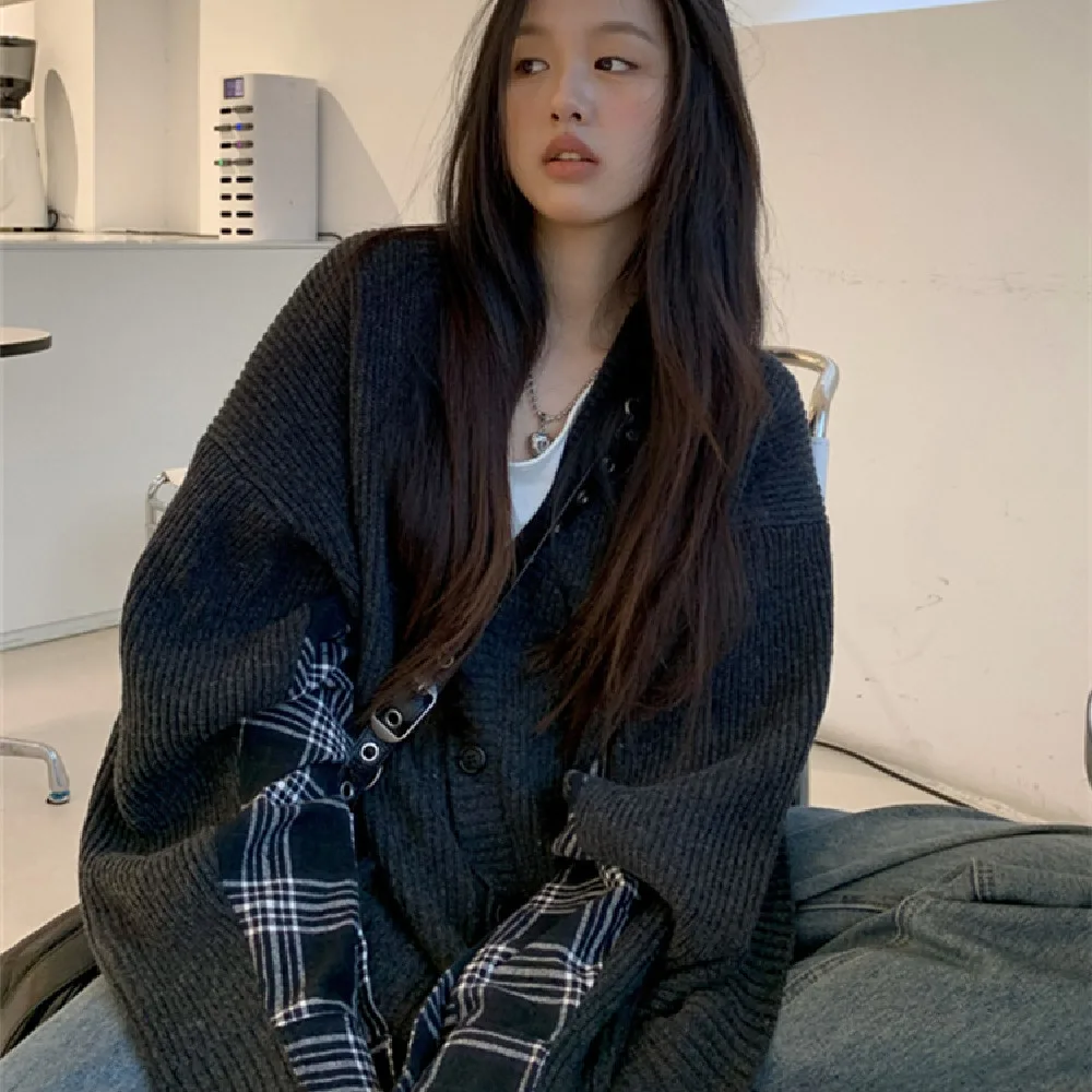 Design Sense Plaid Patchwork Knitted Cardigan For Women - Checker