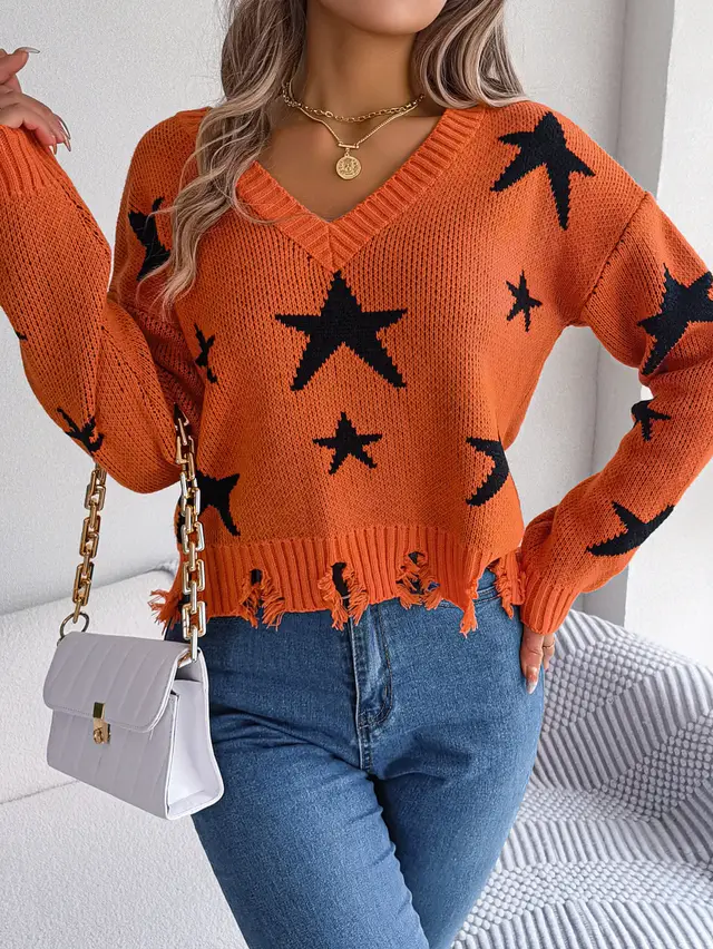 Long Sleeve Knitted Pullover Sweater Orange - Shop at LoveMi