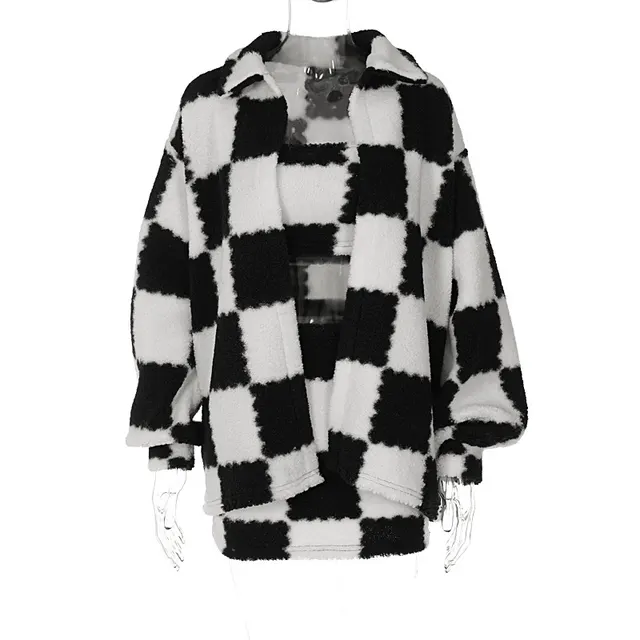Black And White Plaid Thickened Coat Black - Shop at LoveMi