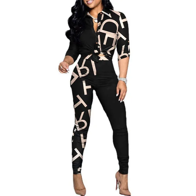 Cross Border Leisure Suit Color Matching Printed Long sleeved Lapel Shirt Casual Pants Two piece Set Letter - Shop at LoveMi