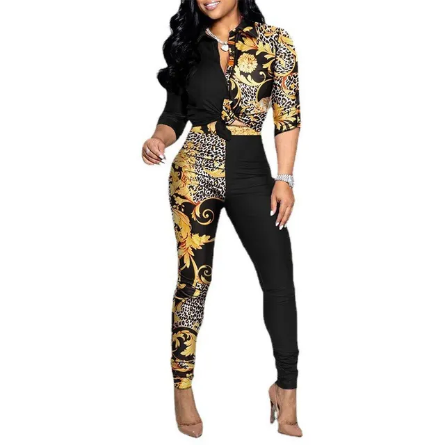 Cross Border Leisure Suit Color Matching Printed Long sleeved Lapel Shirt Casual Pants Two piece Set Yellow - Shop at LoveMi