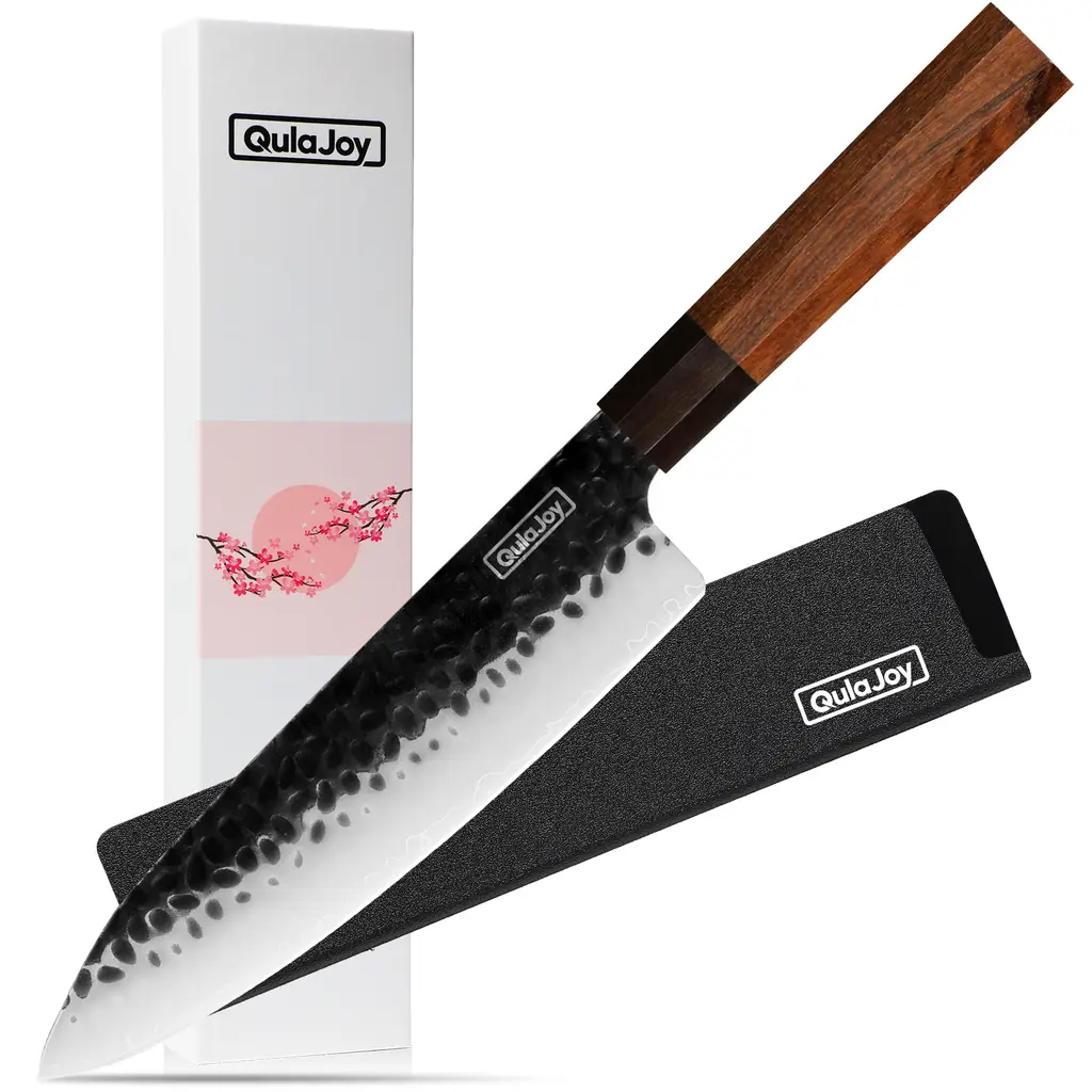 Qulajoy 7 Inch Santoku Knife - Professional Japanese Chef Knife - Razor Sharp 9cr18mov Blade - Hammered Kitchen Knife - Octagonal Rosewood Handle W...