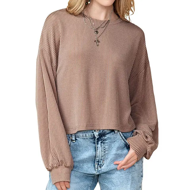 European And American Leisure Drop shoulder Round Neck Pullover Khaki - Shop at LoveMi