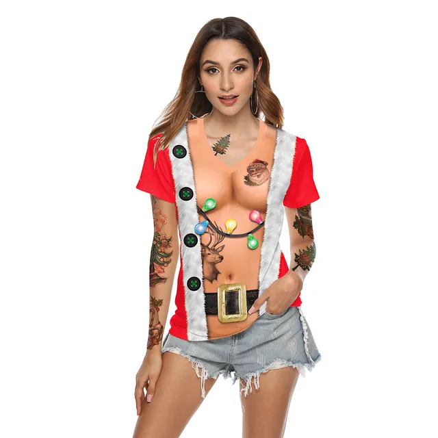 Women's Christmas Digital Printed V neck T shirt Sb136 001 - Shop at LoveMi