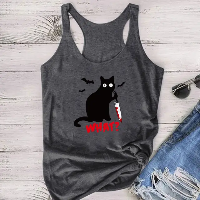 Gothic Cat Knife Bat What Printed Vest Dark Gray - Shop at LoveMi