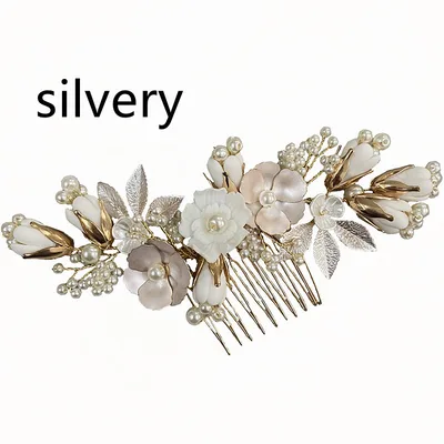 Wedding Bride Pastoral Ceramic Flower Headwear Comb Accessories Silver - Shop at LoveMi
