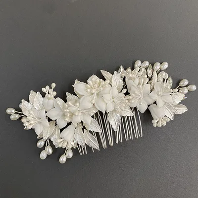 Wedding Bride Handmade Pearl Comb Flower Headwear Silver - Shop at LoveMi