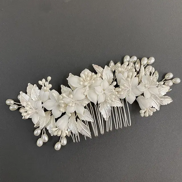Wedding Bride Handmade Pearl Comb Flower Headwear - Silver