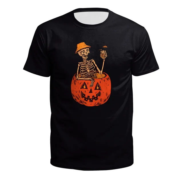 Women's Horror Pumpkin Skeleton Digital Printed Round Neck Short Sleeve B395 1044 - Shop at LoveMi