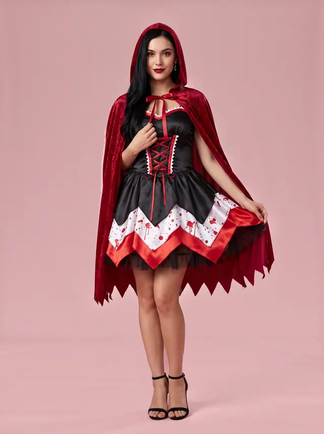 Horror Red Riding Hood Costume with Cape for Women Red and Black - Shop at LoveMi