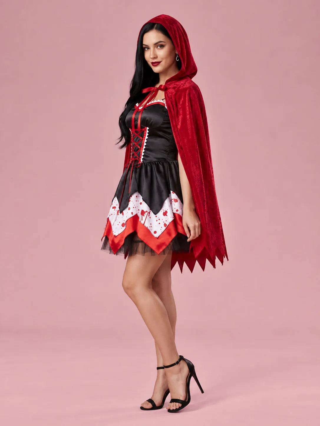 Horror Red Riding Hood Costume with Cape for Women - Red and Black - View 3