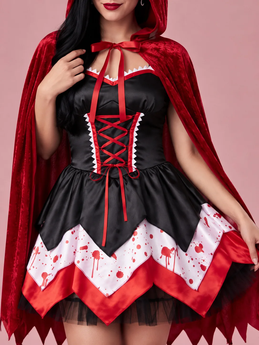 Horror Red Riding Hood Costume with Cape for Women - Red and Black - View 4