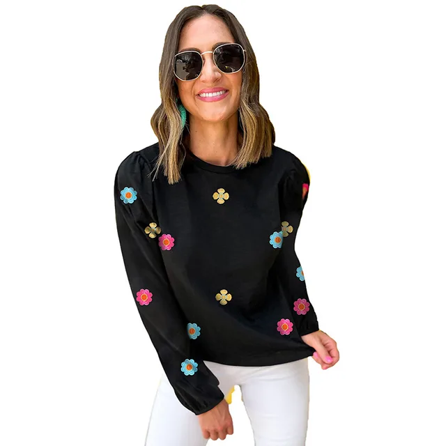 Pullover Long Sleeve European And American Fashion Flower Embroidered Sweater Black - Shop at LoveMi