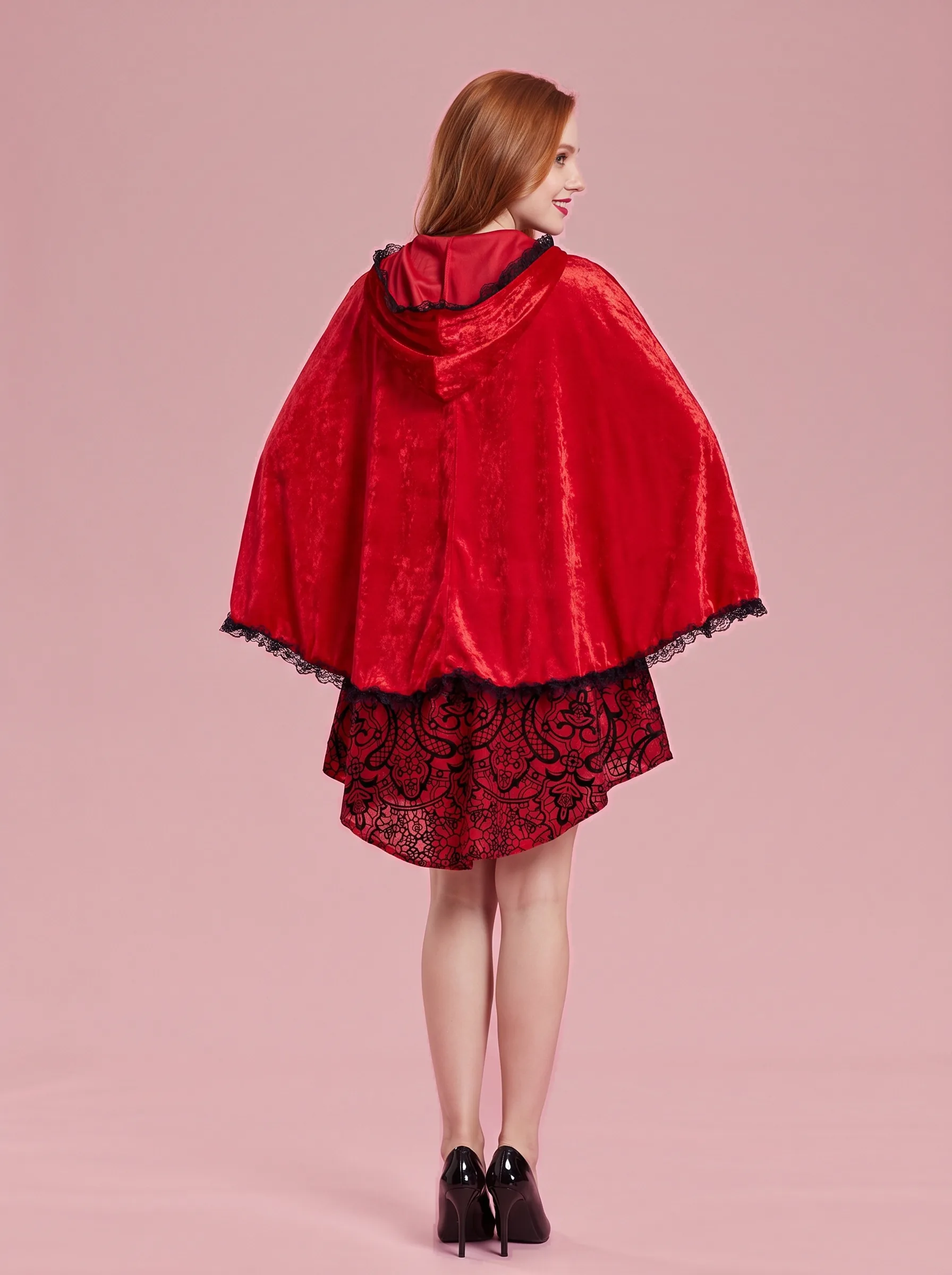 Red Riding Hood Costume Mini Dress with Hooded Cape for Women - Red - View 2