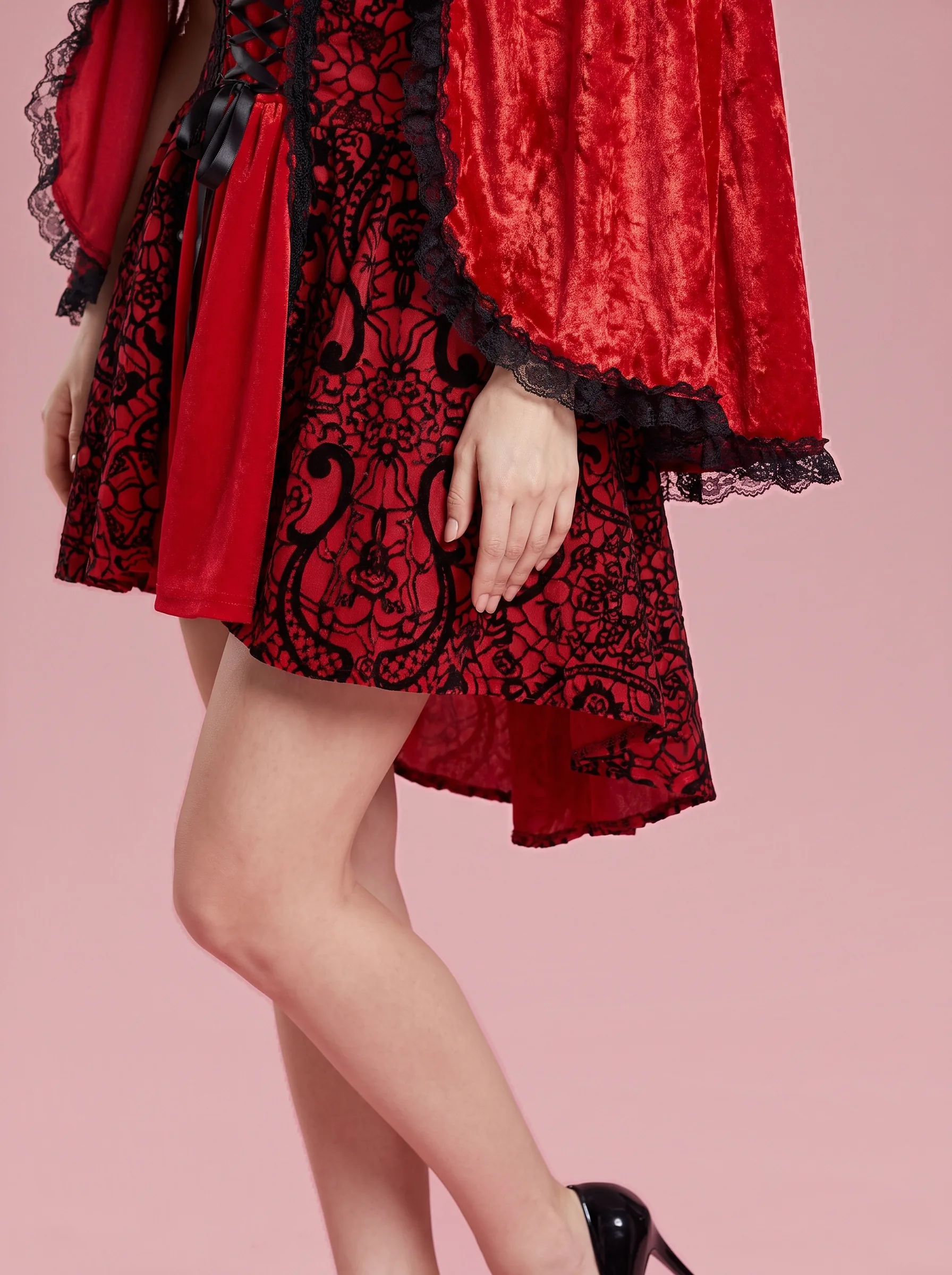Red Riding Hood Costume Mini Dress with Hooded Cape for Women - Red - View 5