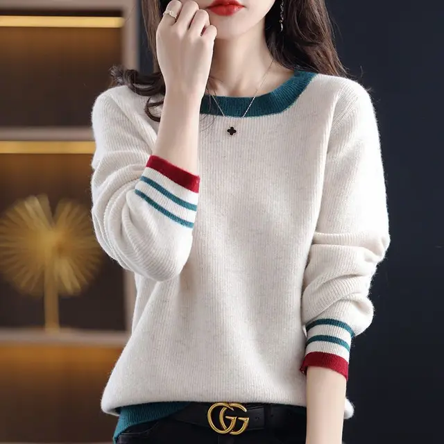 Women's Plus Size Color block Crew Neck Sweater Camel Color - Shop at LoveMi
