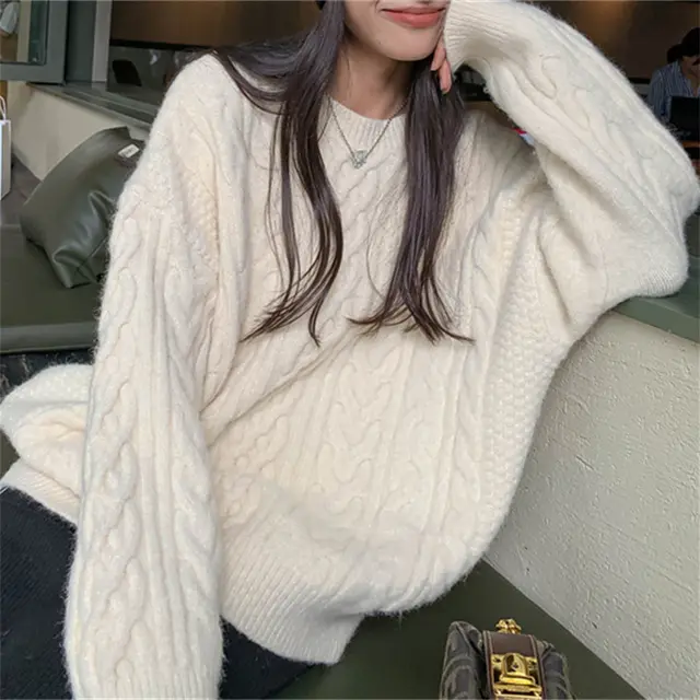Women's Fashion Round Neck Retro Pullover Cable knit Sweater Beige - Shop at LoveMi