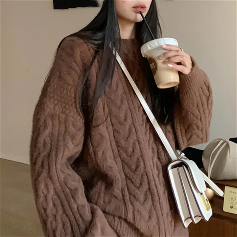 Women's Fashion Round Neck Retro Pullover Cable knit Sweater Brown - Shop at LoveMi