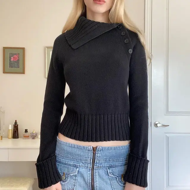 Women's Fashion Diagonal Button Polo Collar Solid Color Sweater Black - Shop at LoveMi