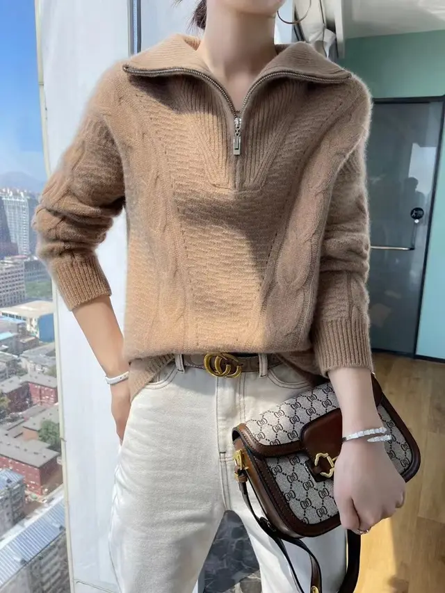 Women's Woolen Sweater Loose Slimming Half open Collar Golden Camel - Shop at LoveMi