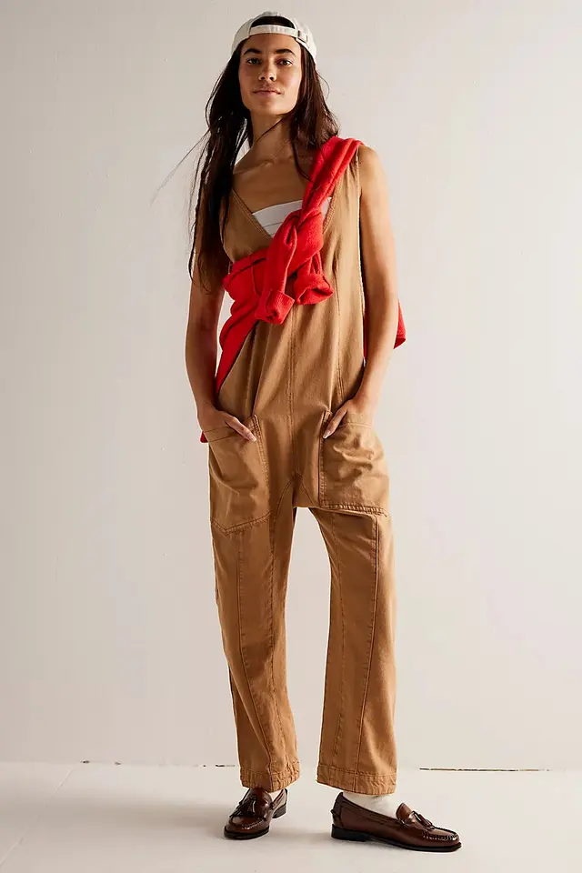 European And American Autumn And Winter Washed Denim V neck One piece Trousers Adjustable Khaki - Shop at LoveMi