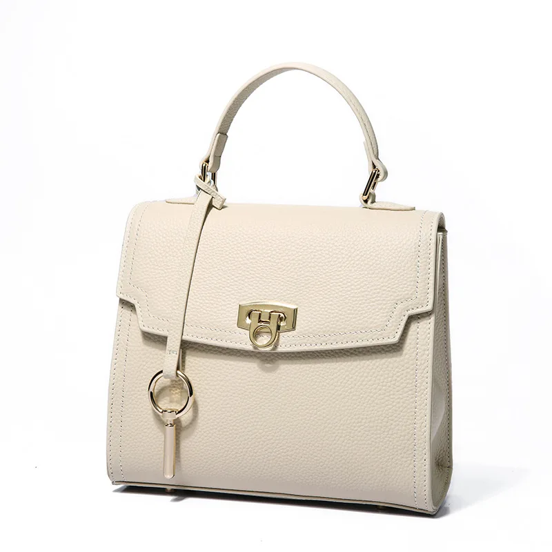 Top Layer Cattlehide Leather Fashion Portable Crossbody Small Square Bag Beige - Shop at LoveMi