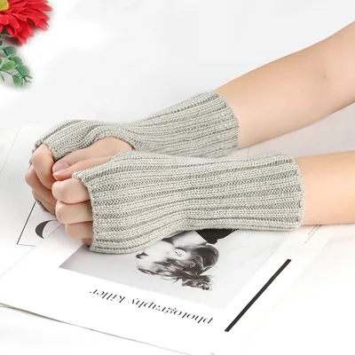 Knitting Wool Gloves Straight Arm Knitted Warm Light Gray - Shop at LoveMi