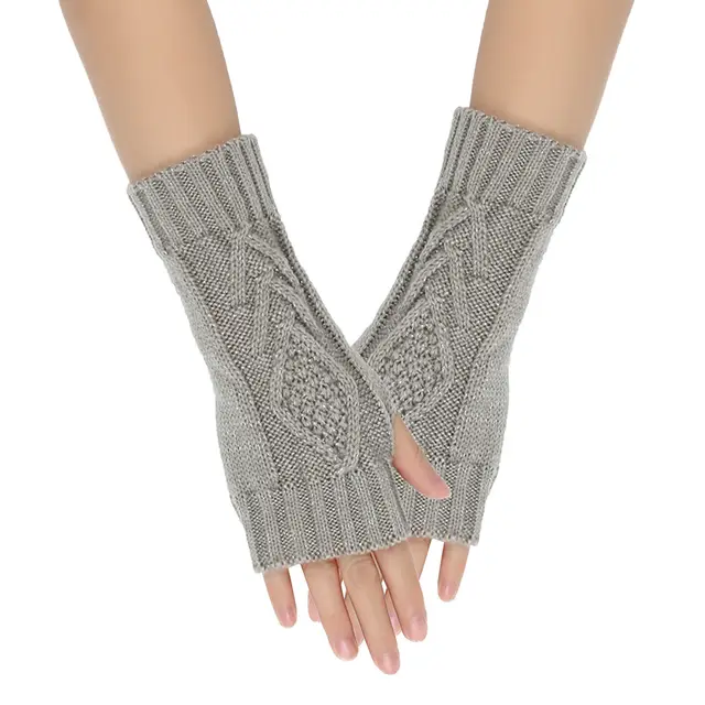 Shiny Silver Silk Knitting Wool Gloves Diamond shaped Missing Finger Light Gray - Shop at LoveMi