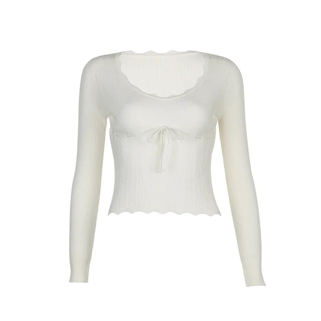Women's Crocheted Waist controlled Base Sweater U neck Lace up White - Shop at LoveMi
