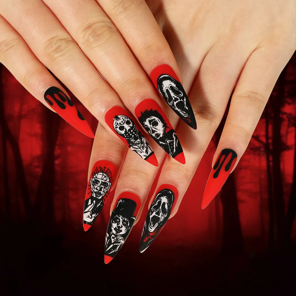 European And American Halloween Manicure Red With Contrasting Black Skull Grimace Portrait Nail Tip - Jp2500 - View 1
