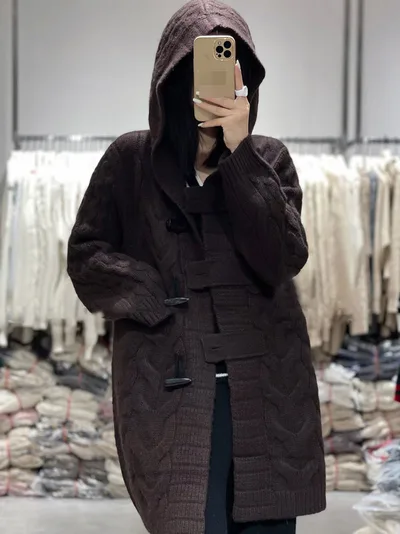 Twisted Hooded Jacket Horn Button Loose Casual Coffee - Shop at LoveMi