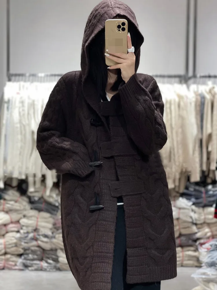 Twisted Hooded Jacket Horn Button Loose Casual Coffee - Shop at LoveMi