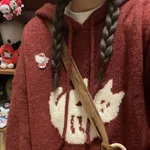 Retro Cartoon Cat Jacquard Hooded Sweater Lady - Red