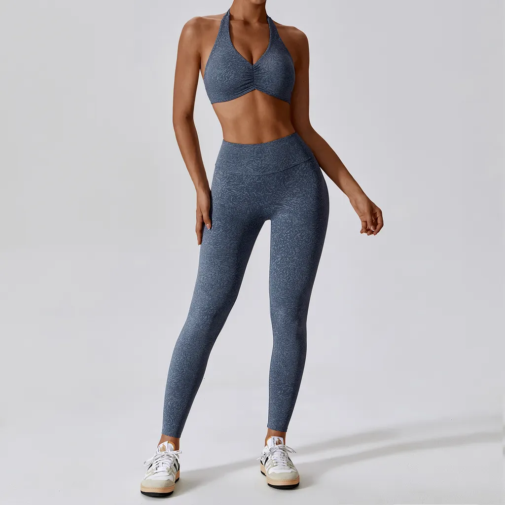 Printed Nude Feel Yoga Suit Floral Quick-drying Running Sports Workout Clothes - 2 Bra Trousers Purple Blue