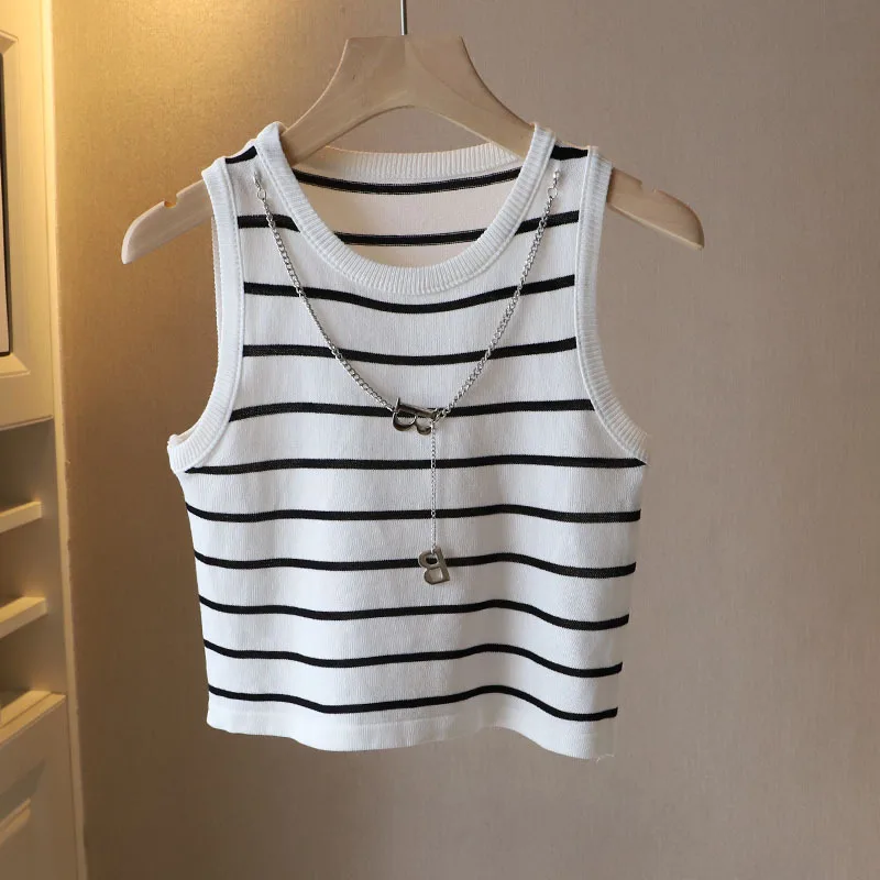 Summer Clothing New Korean Style Women's Contrast Color Striped Round Neck Vest Letter Chain Short Inner White - Shop at LoveMi