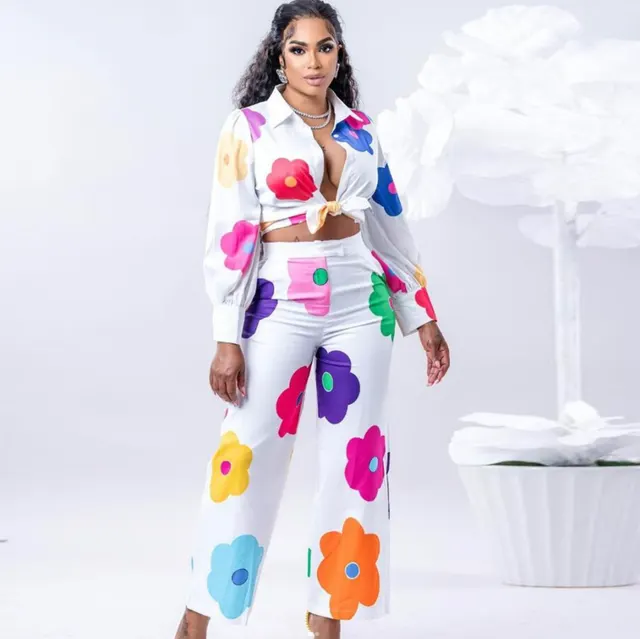 Women's Fashion Casual Digital Printed Flowers Blouse And Pants White - Shop at LoveMi