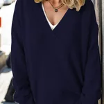 Women's Knitted V-neck Pullover Outerwear Sweater - Black
