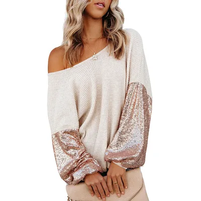 Women's Fashion Personalized Sequins Knitted Long Sleeve Sweater Apricot - Shop at LoveMi