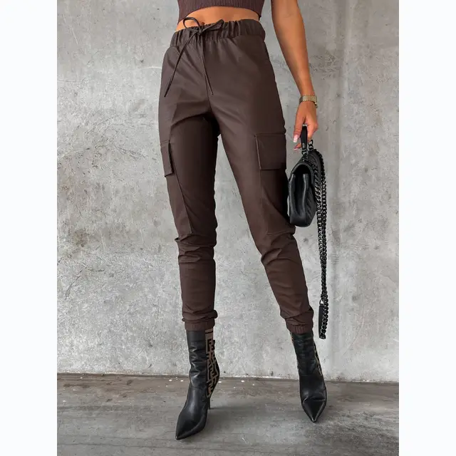 Women's Waist tight Street Tether Leather Pants Brown - Shop at LoveMi